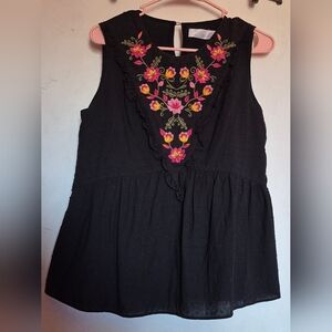 Time and Tru Black Sleeveless Top with Floral Embroidery